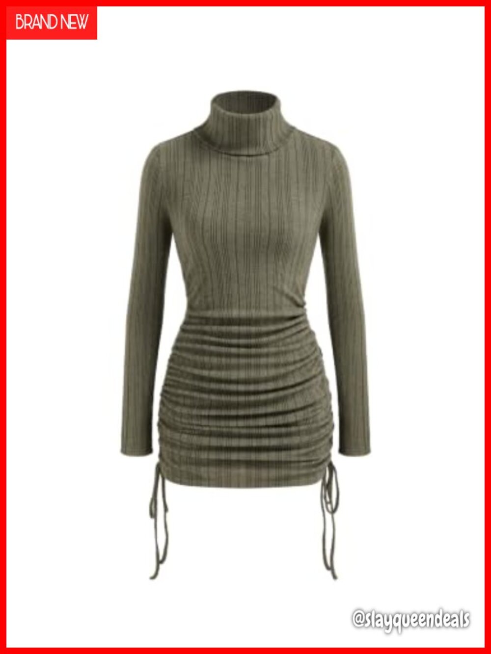 Turtleneck Sweater Dress Bodycon Long Sleeve Mini Ruched Drawstring